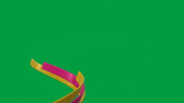 Renkli kurdeleler canlı yeşil bir arkaplanda zarifçe dönerek büyüleyici bir görsel ekran oluşturur.