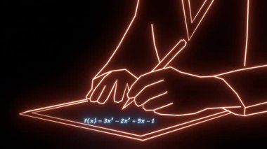 Karanlık bir zemin üzerinde neon çizgileri olan bir kitaptan fırlayan formüllerle matematik okuyan bir kişinin tasviri