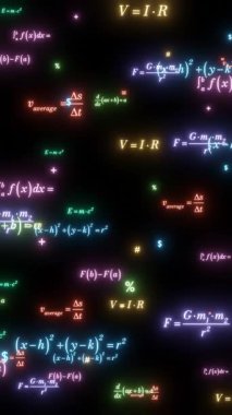 Renkli denklemler ve formüller koyu arkaplanda parlıyor. Dikey görüntülü neon matematik numaraları metni