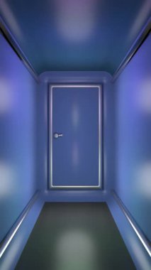 Parlak mavi bir bilim kurgu koridorunda, kapalı bir kapıya doğru yavaşça zum yap.