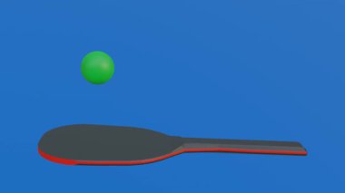Üç boyutlu bir görüntüde gri yüzeyi ve turuncu aksanlı yatay pozisyonu olan bir masa tenisi raketi sergileniyor. Parlak yeşil bir pinpon topu havada yakalanır, sekmiş ya da raketle temas etmek üzereymiş gibi görünür.. 