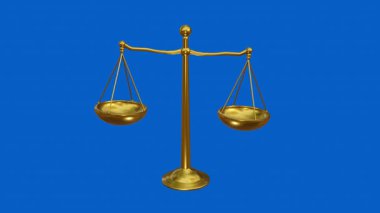 Üç boyutlu bir tasvir, hukuku ve adaleti sembolize eden altın bir adalet terazisine sahiptir. İki ağırlık tavası merkezi bir kirişten askıya alınır ve bağımsız olarak katı mavi bir arkaplana doğru hareket eder.