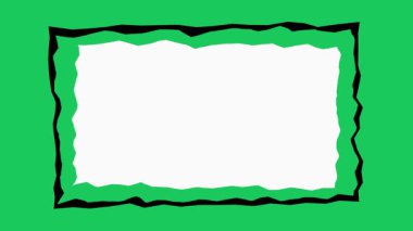 Beyaz ve siyah kenarlı düzensiz şekilli dikdörtgen çerçeveli büyüleyici bir animasyon videosu canlı yeşil bir arkaplanda dinamik bir şekilde yer değiştirip dönüşüyor.