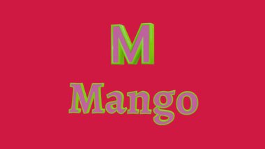 Dönen 3 boyutlu karakterler M ve Mango, parlak pembe ve neon yeşil, canlı kırmızı arka plan, çocukların kelime dağarcığı için salınım döngüsü. 3B görüntüleme