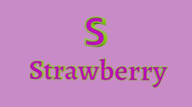 Renkli üç boyutlu karakterler S ve Strawberry, yeşil ve morumsu bir arka plana karşı, çocukların eğitimi için neşeli salınımlı animasyon. 3B görüntüleme.