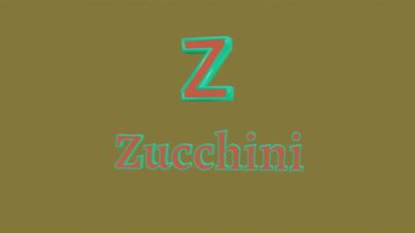Üç boyutlu kalın Z ve Zucchini harfi, turuncu ve cyan zıt renkler, eğitici çocuk medyası için hafif salınımlı animasyon. 3B görüntüleme