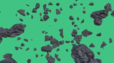 Yeşil arka planda süzülen üç boyutlu taş parçaları. 3d oluşturma