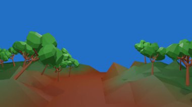 Alçak 3 boyutlu ağaçlar yavaşça ilerliyorlar. Mavi arkaplan ile doğa giriş animasyonu