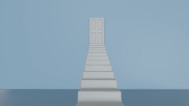 Yeşil arka planlı merdivenlerden kapıya tırmanıyor. Başarıya yolculuk kavramı. Cennete giden yolun resmi. 3d oluşturma