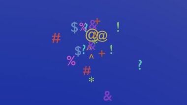 Renkli semboller ve karakterler göz alıcı bir görsel ekranda canlı mavi bir arkaplanda dans ediyorlar.