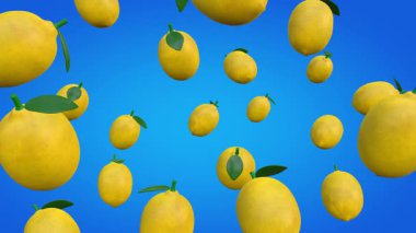 Mavi bir gradyan arkaplan üzerinde dönen bulut benzeri bir limonun 3 boyutlu animasyonu, siyah ve beyaz luma mat ile tamamlanmış