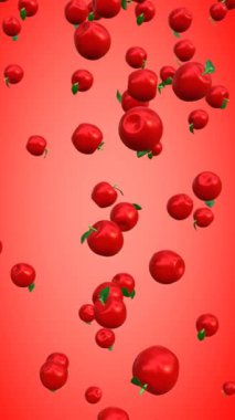 Dikey görünümde kırmızı gradyan arkaplan ile düşen elmaların 3 boyutlu canlandırması