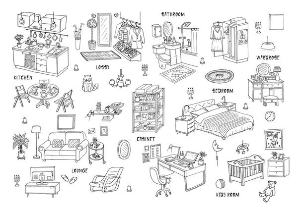 Doodle set di interni diversi — Vettoriale Stock