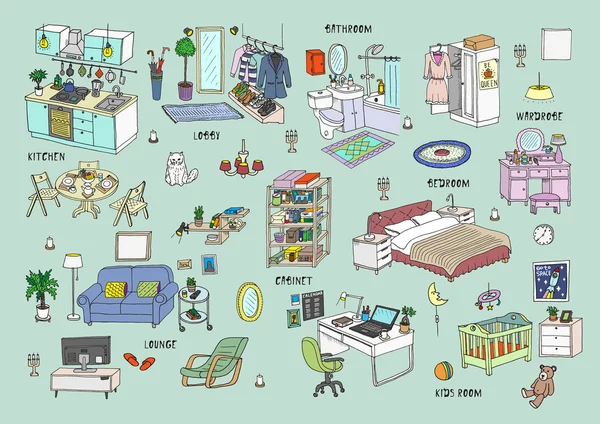 Doodle ensemble de différents intérieurs — Image vectorielle