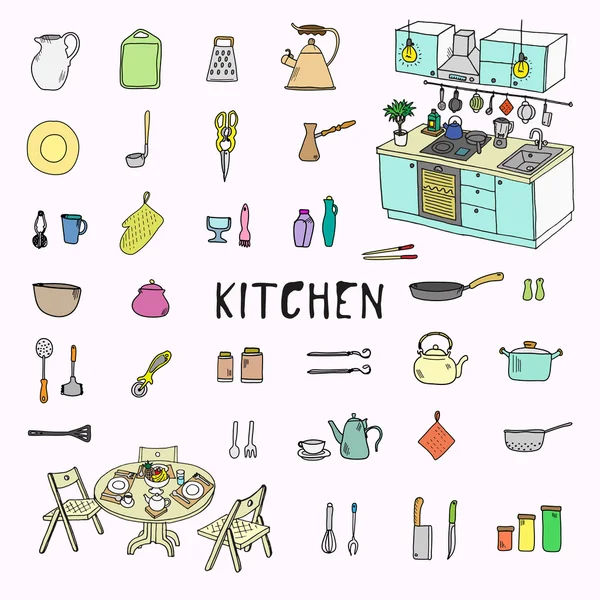 Utensilios de cocina. Conjunto de Doodle . — Vector de stock