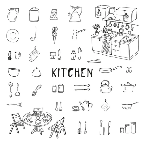 Utensilios de cocina. Conjunto de Doodle . — Vector de stock