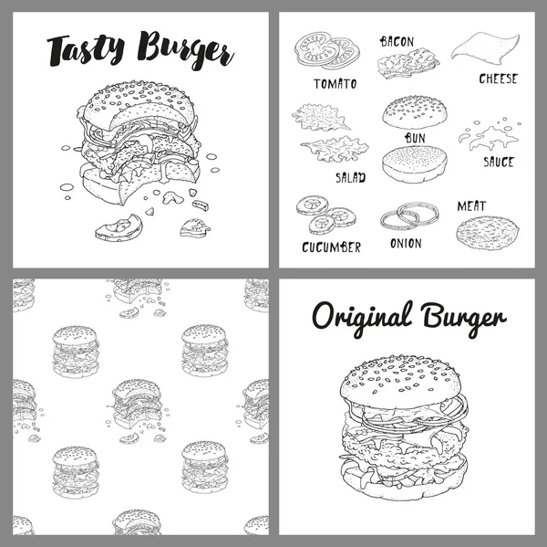 Carteles con hamburguesas e ingredientes — Archivo Imágenes Vectoriales