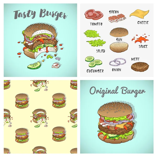 Carteles con hamburguesas e ingredientes — Vector de stock