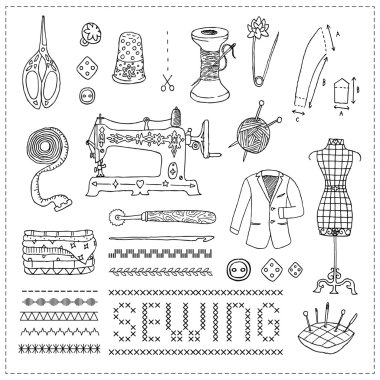 Illustration of vintage sewing accessories. clipart