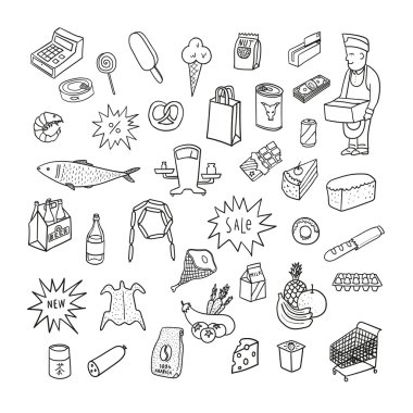Süpermarket sembolleri çizilmiş koleksiyonu el.