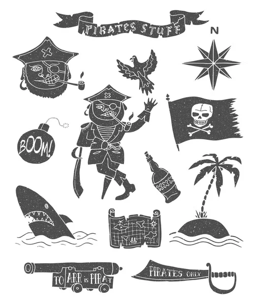 Colección de objetos piratas dibujados a mano . — Vector de stock