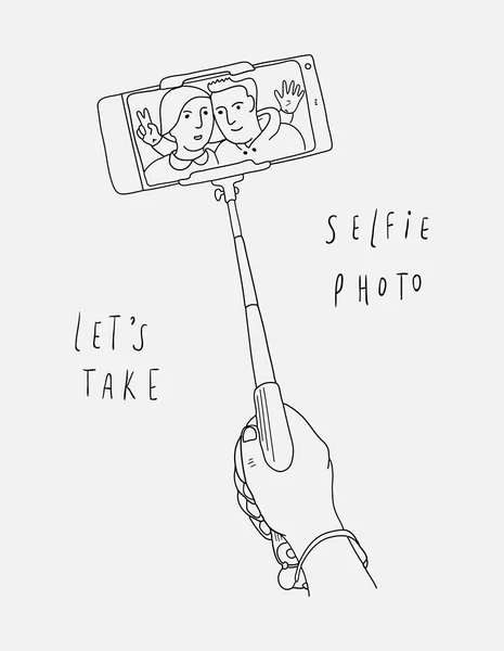 Selfie mit Monopad. Mann und Frau — Stockvektor