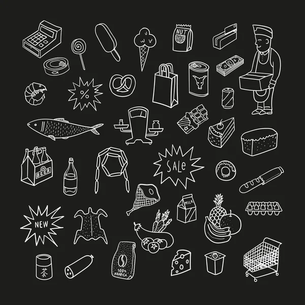Raccolta disegnata a mano di simboli di supermercato . — Vettoriale Stock