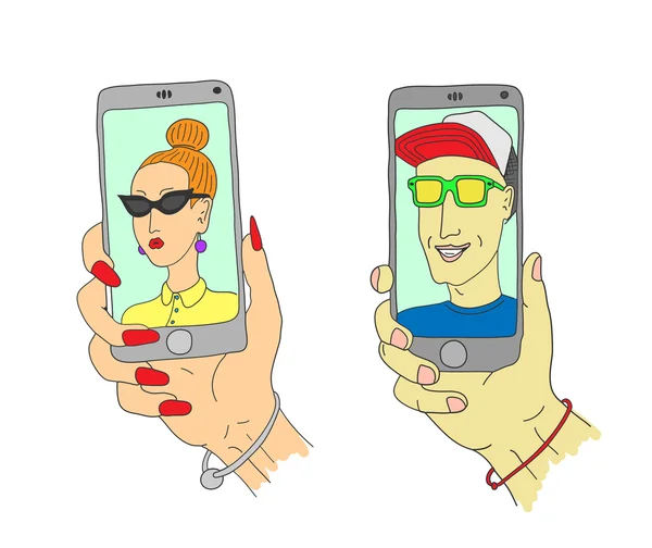 Selfie auf dem Smartphone. Mann und Frau — Stockvektor