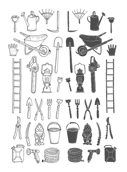 Herramientas de jardín de colección dibujada a mano — Vector de stock
