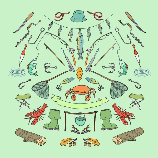Coisas de pesca em estilo doodle . —  Vetores de Stock