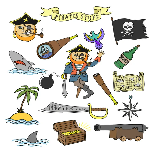 Colección de objetos piratas dibujados a mano . — Vector de stock