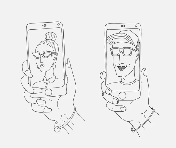 Selfie auf dem Smartphone. Mann und Frau — Stockvektor