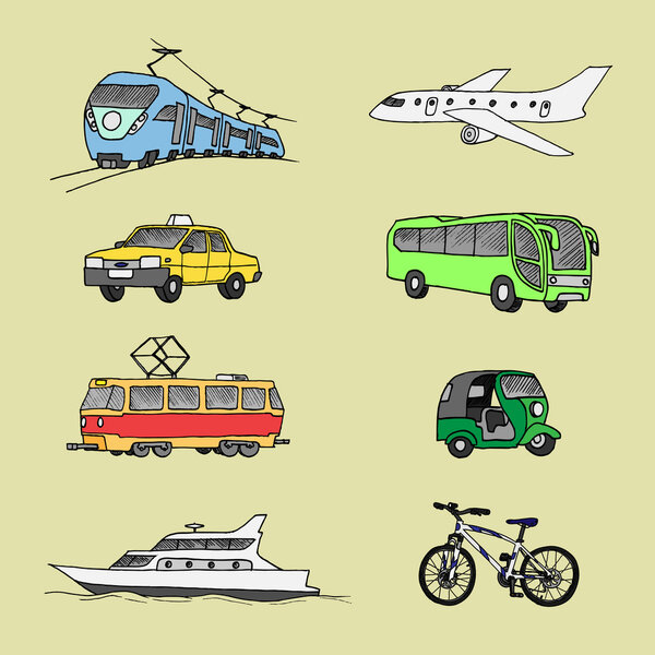 Passenger transport . Doodle set.