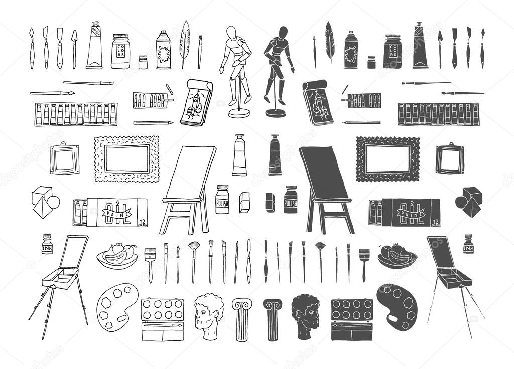 Hand drawn set of artist tools doodle. Art supplies in sketch style. Easel,  brushes, paint, pencils. Vector illustration isolated on white background.  28172964 Vector Art at Vecteezy