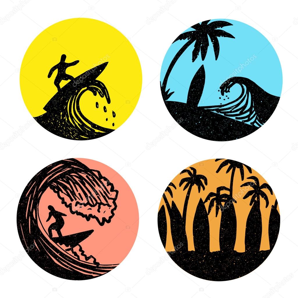 Surfing collection icons, landscapes. Summer background.