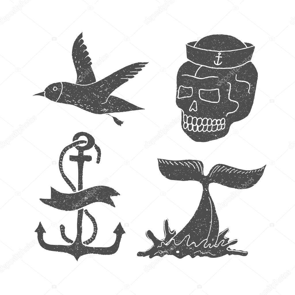 Marine themes & tattoo. Sailor. Ocean. Octopus. Whale. Skull. Anchor. Vector illustration in doodle style.