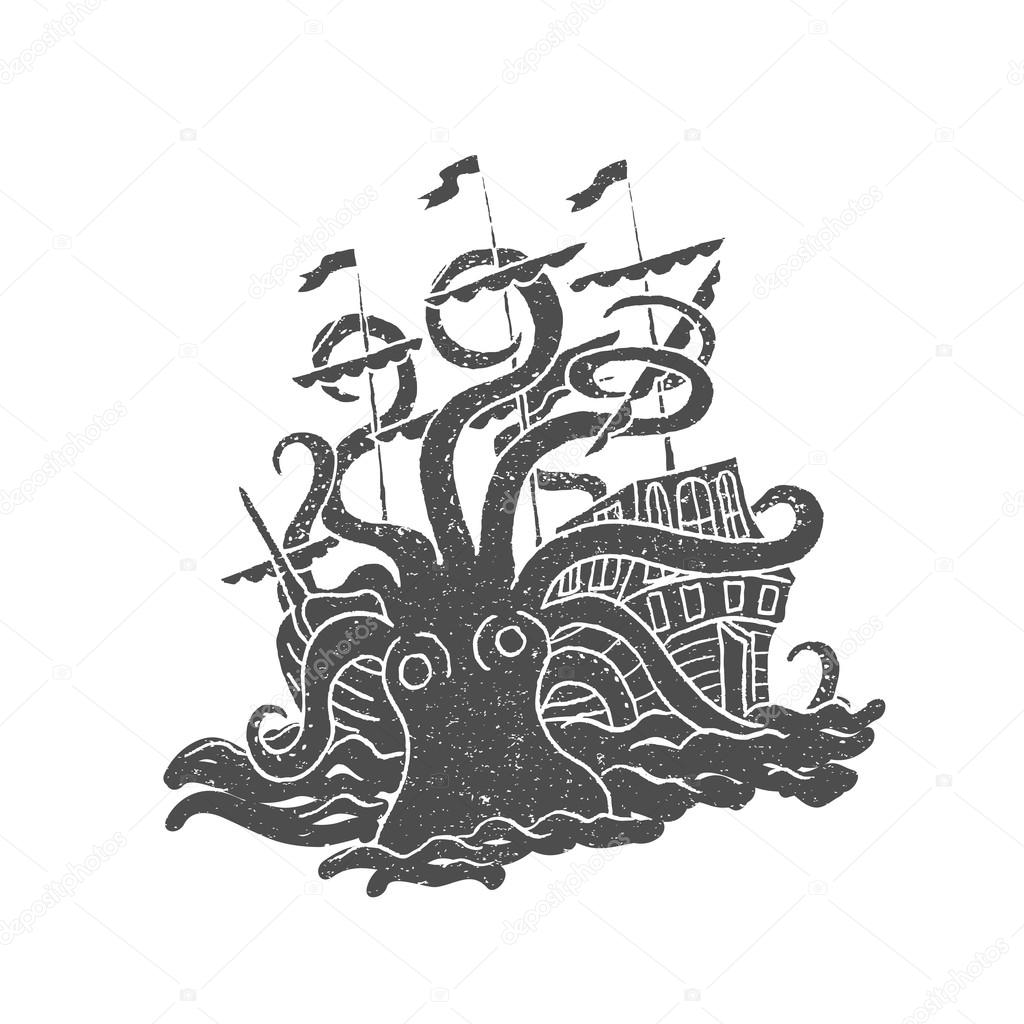 Octopus with boat. Vintage.