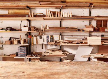woodwork workshop wall with many shelves