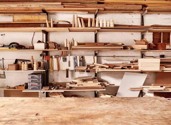 Woodwork workshop wall with many shelves — Zdjęcie stockowe