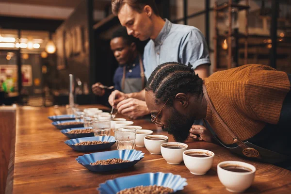 Moderne Rösterei mit drei Baristas — Stockfoto