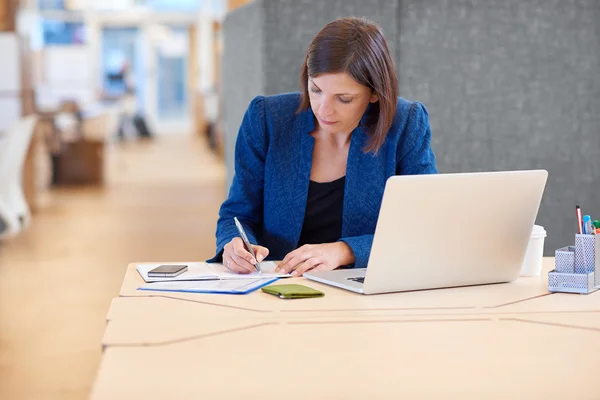 Affärskvinna arbetar med pappersarbete och skriva anteckningar — Stockfoto