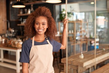 woman standing in front of cafe clipart