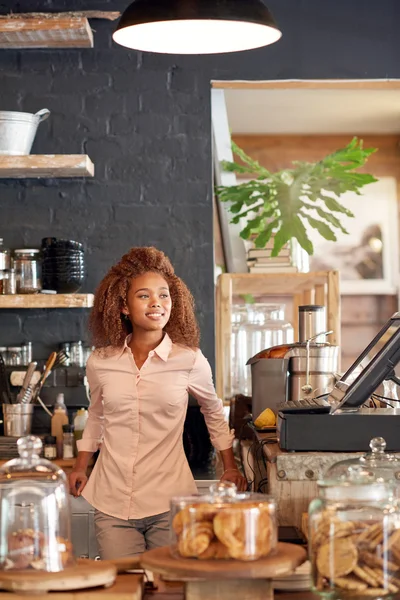 Kvinnan stående behing counter — Stockfoto