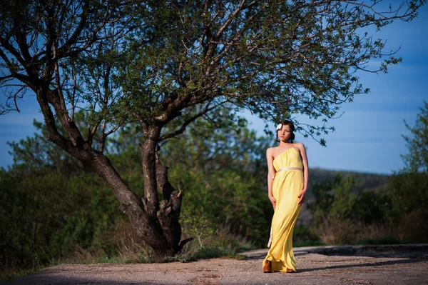 Hermosa chica en la naturaleza en un vestido amarillo sobre un fondo de cielo azul —  Fotos de Stock