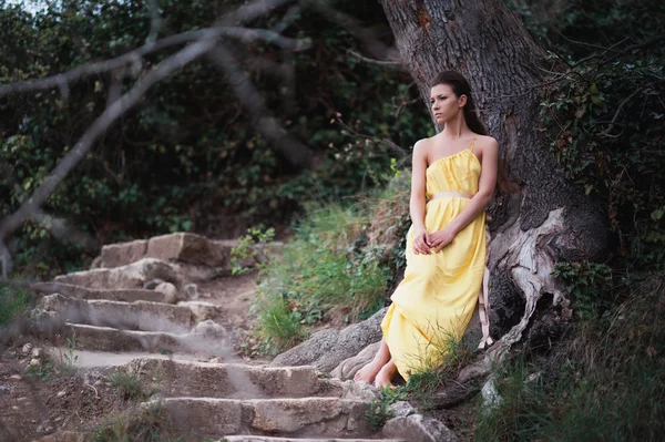 Beautiful girl on the nature in a yellow dress sitting on a large tree — Stock Photo, Image