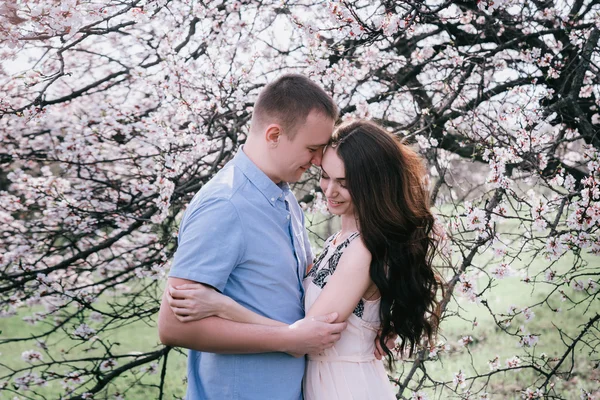 Sensual al aire libre retrato de joven elegante pareja de moda posando en primavera cerca de árbol de flores —  Fotos de Stock