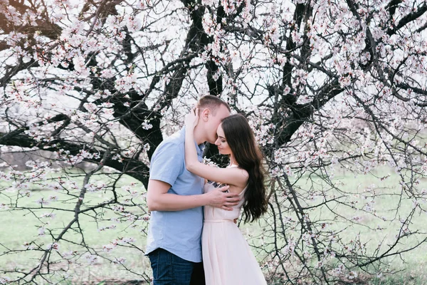 Sensual outdoor portrait of young stylish fashion couple posing in spring near blossom tree — Stock Photo, Image