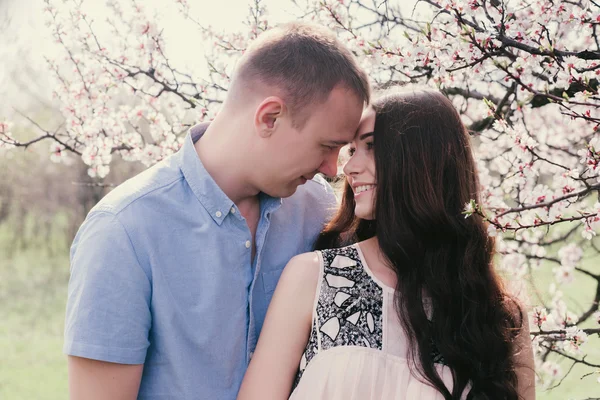 Sensual al aire libre retrato de joven elegante pareja de moda posando en primavera cerca de árbol de flores —  Fotos de Stock