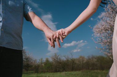 Mavi gökyüzü arka plan üzerinde elinde Çiçek Bahçe tutmak içinde çalışan mutlu çift el