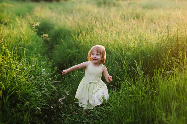 Açık çimenlerde oynayan sevimli küçük kız portresi — Stok fotoğraf